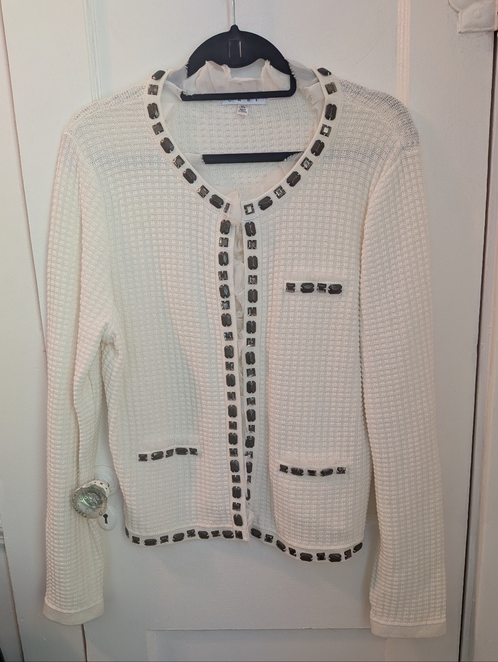 CAbi White Knit Cardigan with Metallic Beaded Trim - Size XL